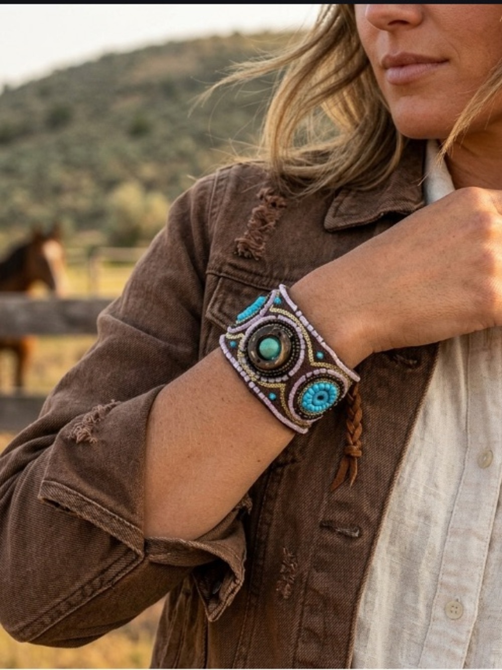 Handcrafted Artisan Western Core Beaded Statement Cuff Bracelet